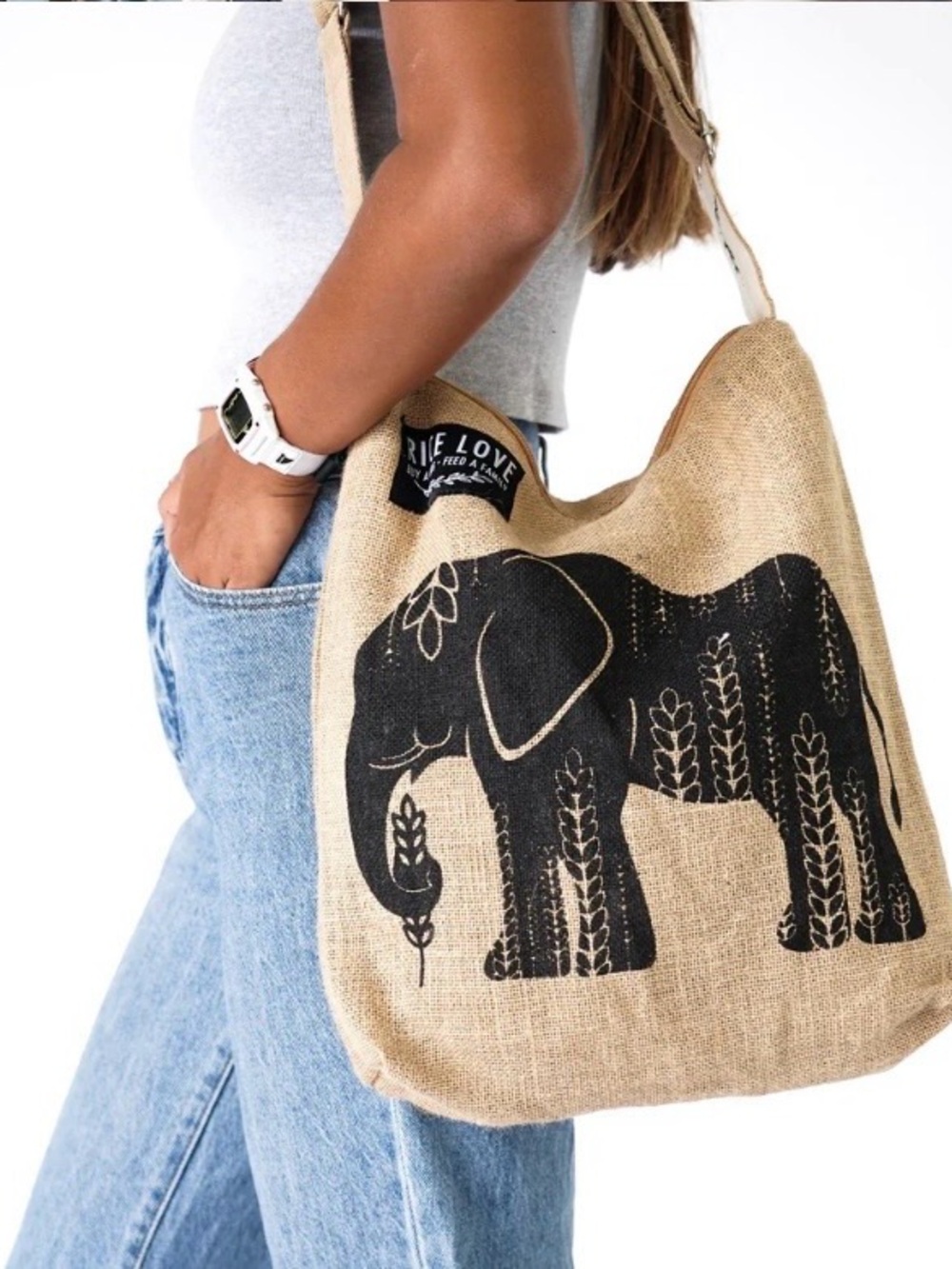 Rice Love Elephant Crossbody Bag Burlap Boho Travel Eco-Friendly